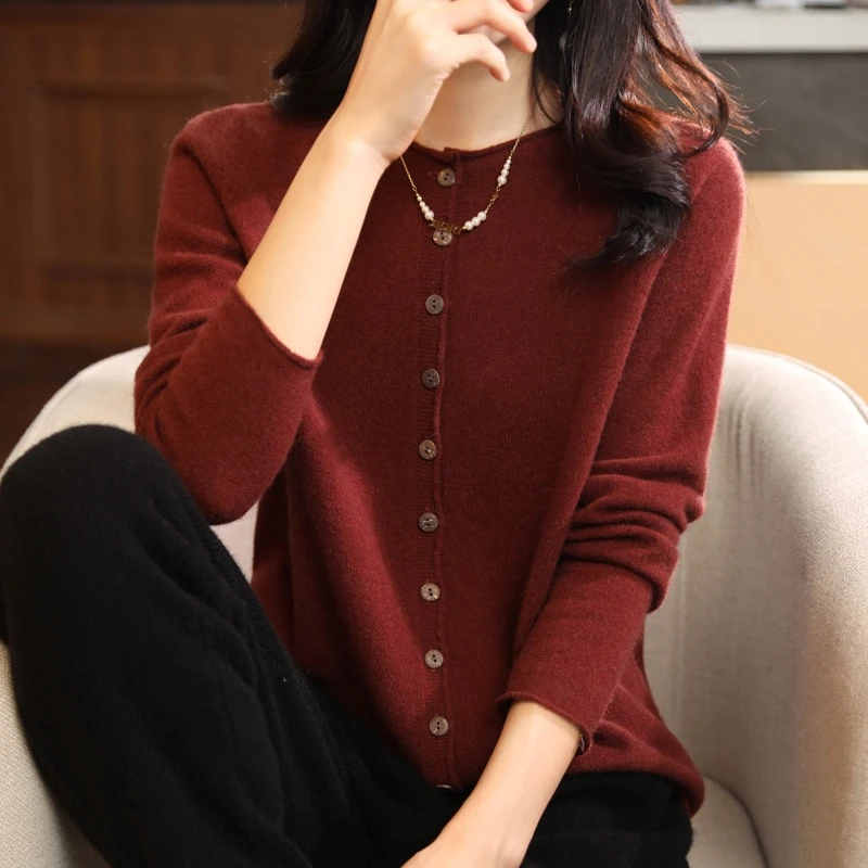 女款圆领羊毛开衫纯色百搭显瘦针织衫长袖外套羊毛衫女士秋冬毛衣