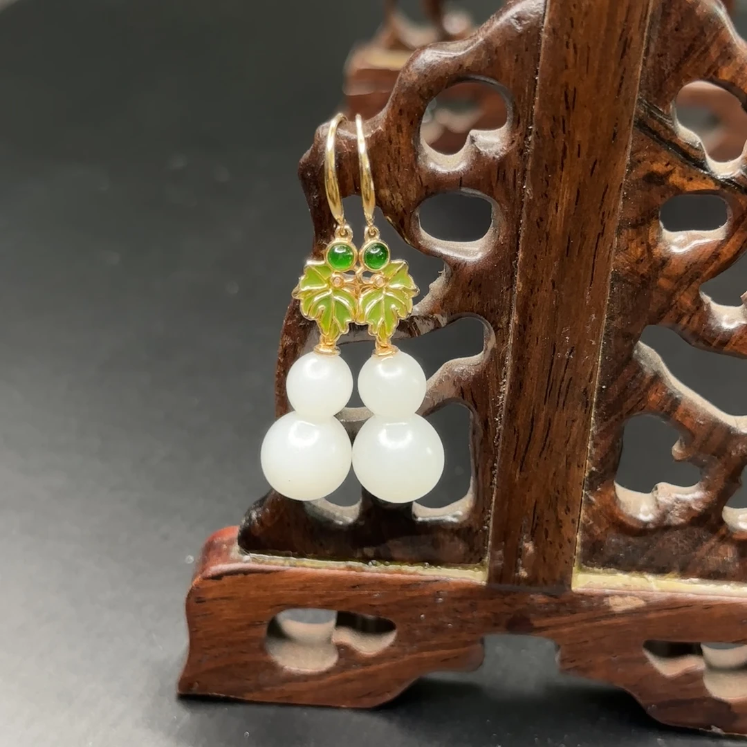 【玉珍缘】和田白玉耳环葫芦18K金镶嵌