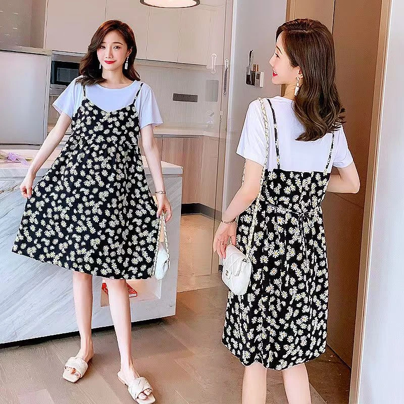 假两件孕妇连衣裙夏装吊带碎花裙子短袖辣妈大码宽松小个子孕妇装