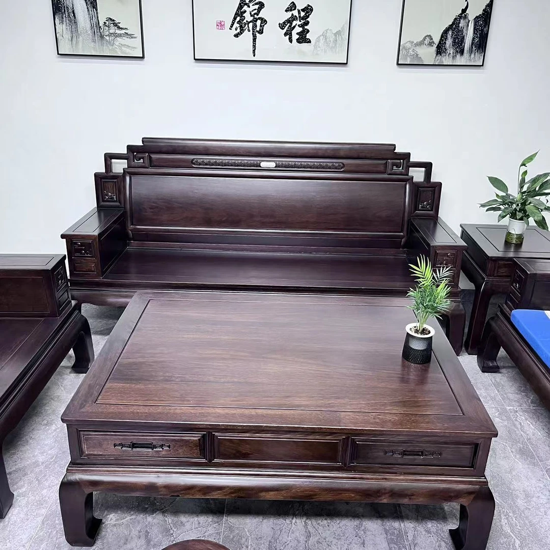 卷书沙发非洲紫T木仿古新中式客厅成套别墅两用雕花实木整装沙发