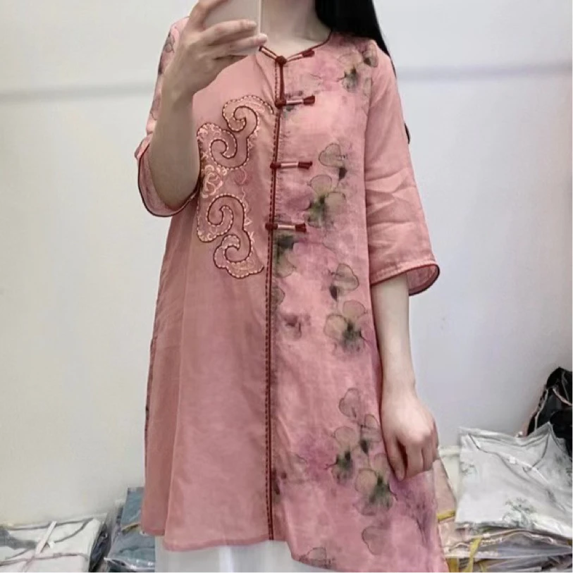 苎麻唐风刺绣夏季连衣裙