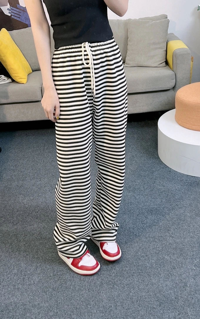 小个子显高阔腿条纹裤子女夏季150高腰垂感抽绳慵懒直筒休闲长裤