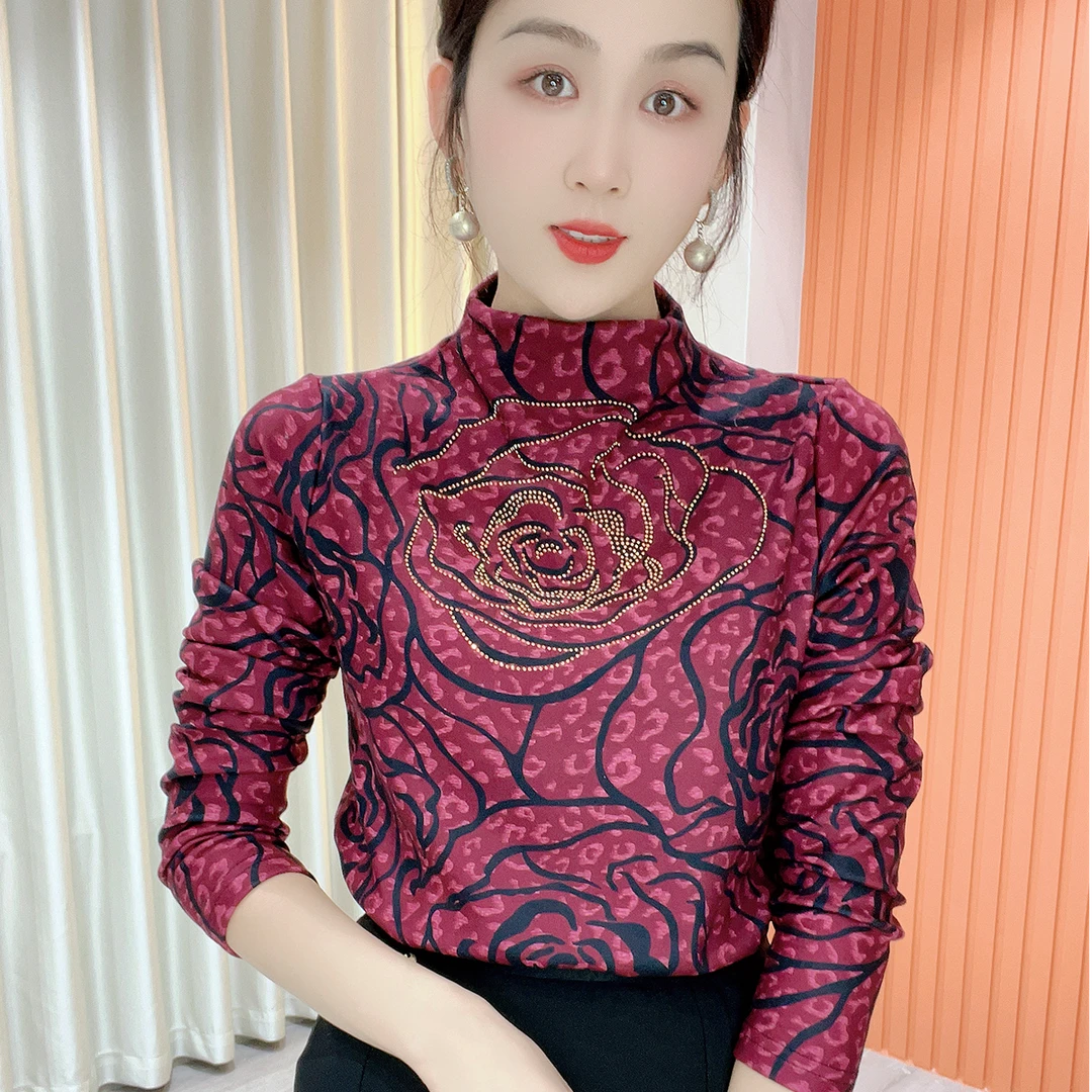 鑫坷秋装新款加绒堆堆领烫钻花朵洋气百搭长袖打底小衫上衣女1870