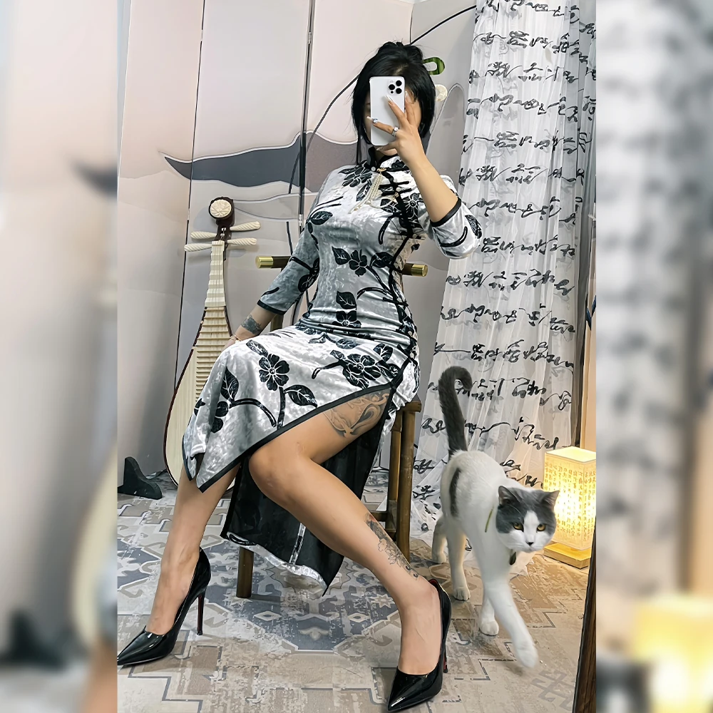 清仓四月芳菲【烟雨】复古旗袍显瘦修身民国风优雅性感印花秋冬季