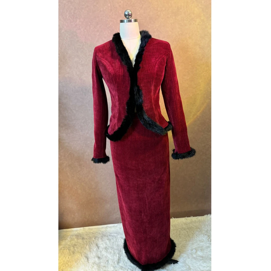 四月芳菲【红色套装】丝绒无弹兔毛新中式套装裙