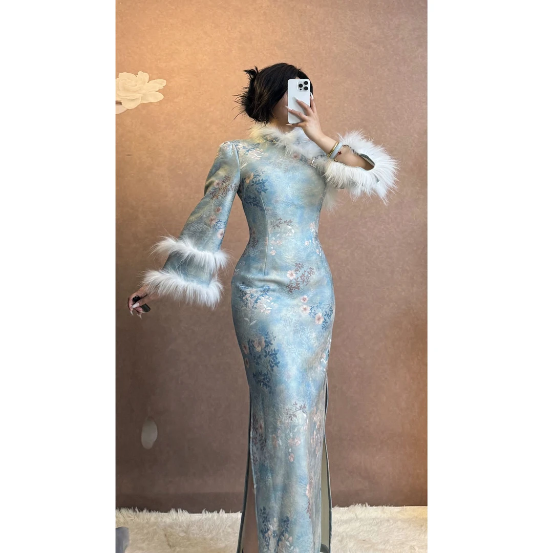 四月芳菲【蓝妃】针织提花面料加绒袖口貉子毛气质日常新中式旗袍