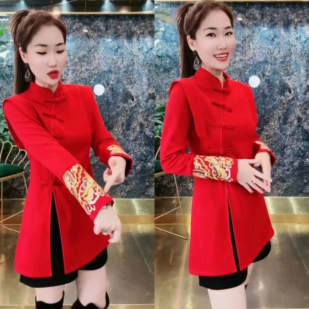秋冬加厚新款国风刺绣网红爆款中式开叉拼接长袖立领上衣打鼓演出