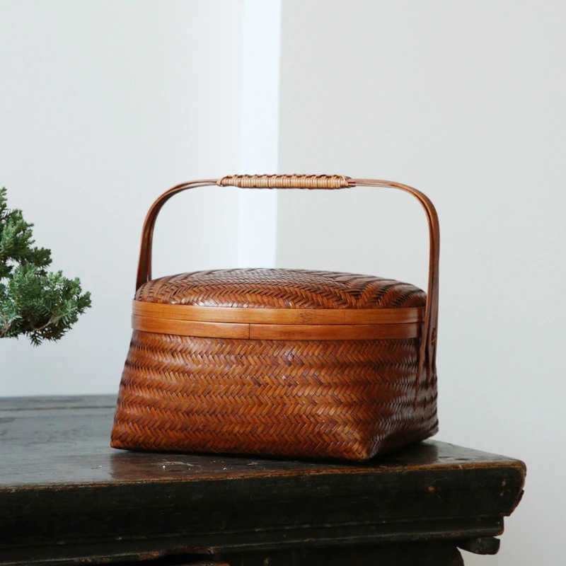 竹编大漆提篮食盒茶饼收纳盒茶具储物盒点心盒