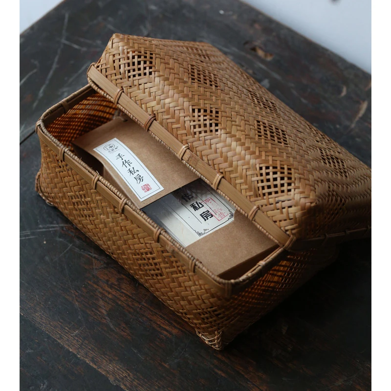 竹编收纳盒 空吟竹编手工茶叶收纳化妆品收纳盒镂空创意编法收纳