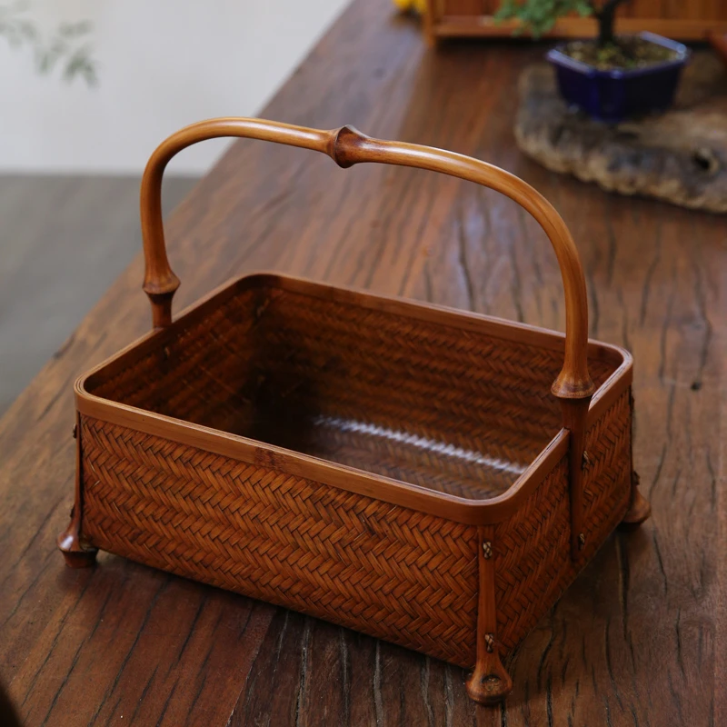 竹编提篮大漆提篮筇竹把手创意茶具收纳筐家用果篮中式复古点心篮