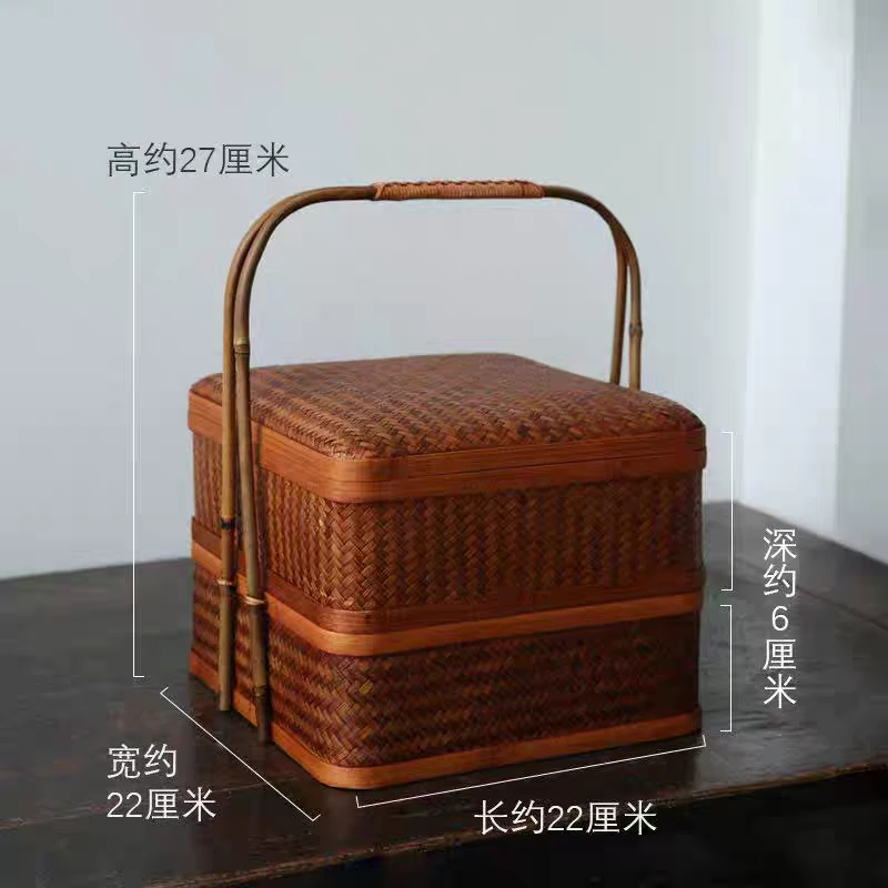 唐熙 竹编提篮 茶道茶具收纳篮带盖家用水果野餐盒食盒两款可选