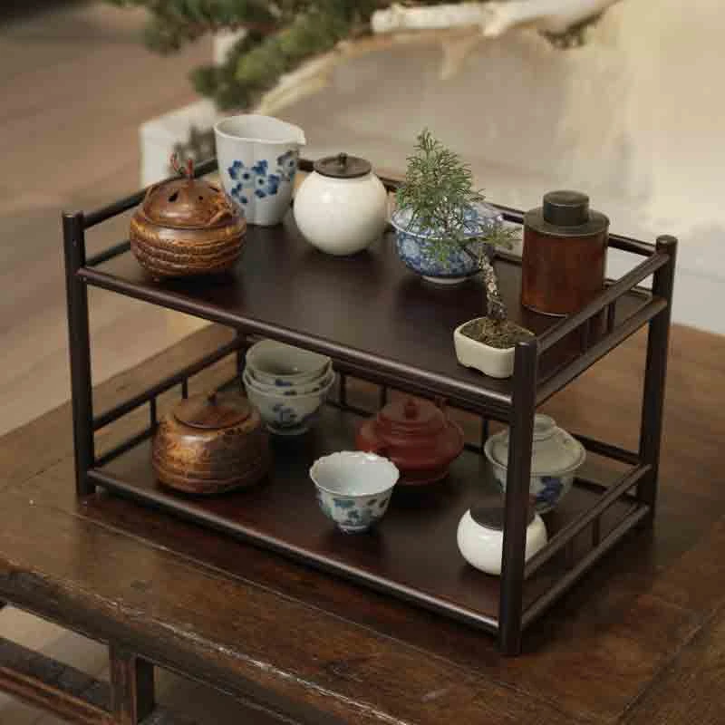 多功能茶壶茶杯收纳架 茶具收纳架摆放茶室竹制博古架中式茶杯架