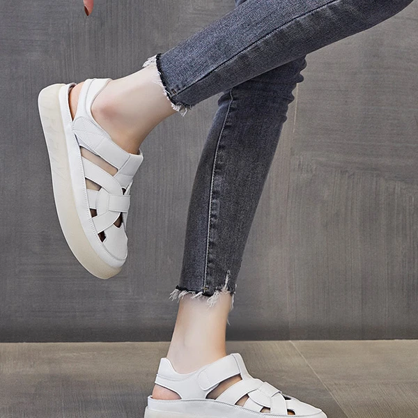 罗马凉鞋女2022新款夏季时尚法式真皮编织包头平底休闲单鞋40-43