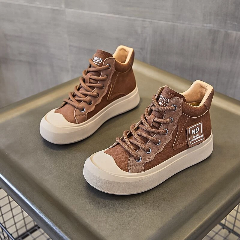 牛皮复古高帮鞋女2024年秋冬新款真皮厚底短靴休闲大头娃娃马丁靴