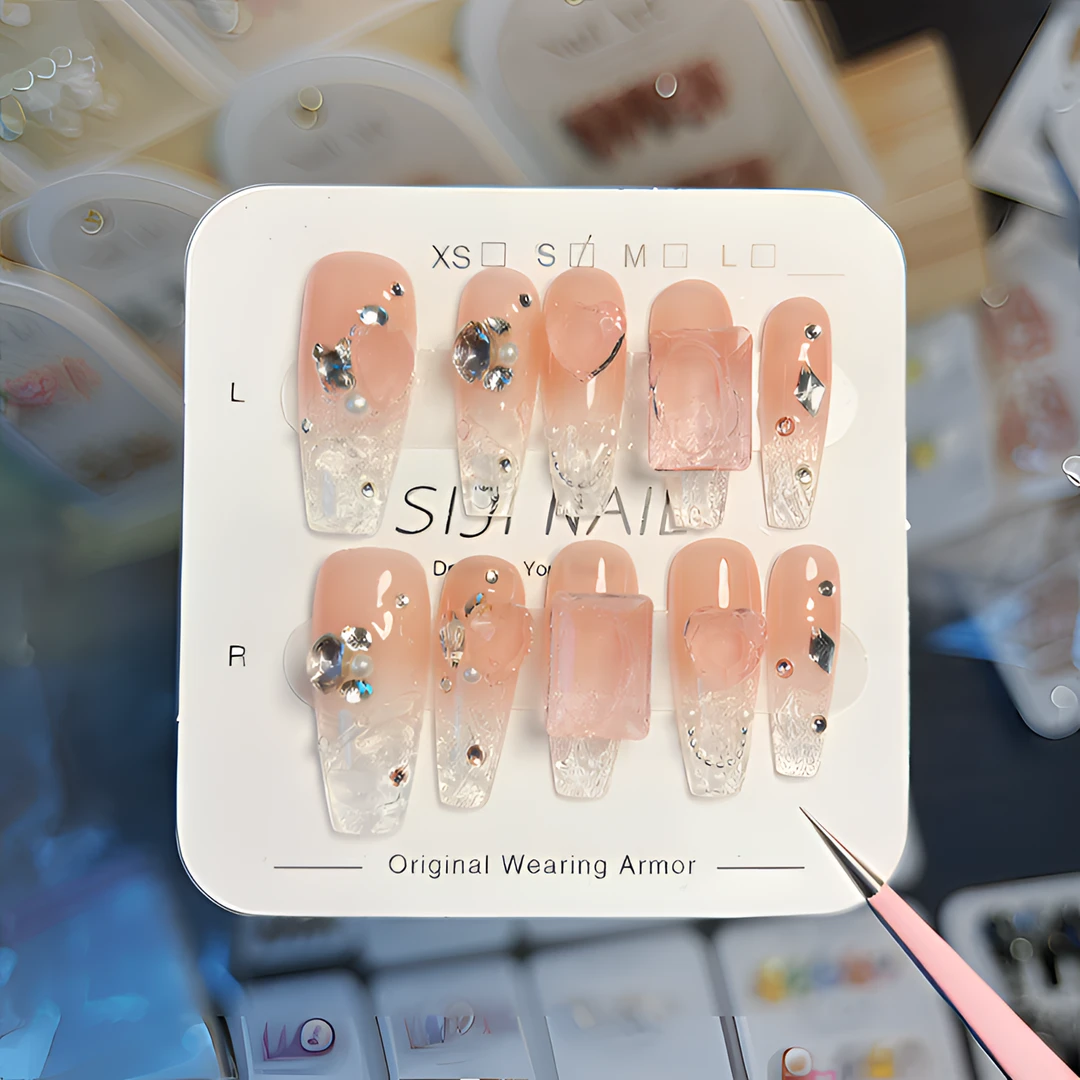 SIJI【红粉佳人】手工穿戴甲网红琉璃碎冰冰冰透粉钻穿戴甲纯手工