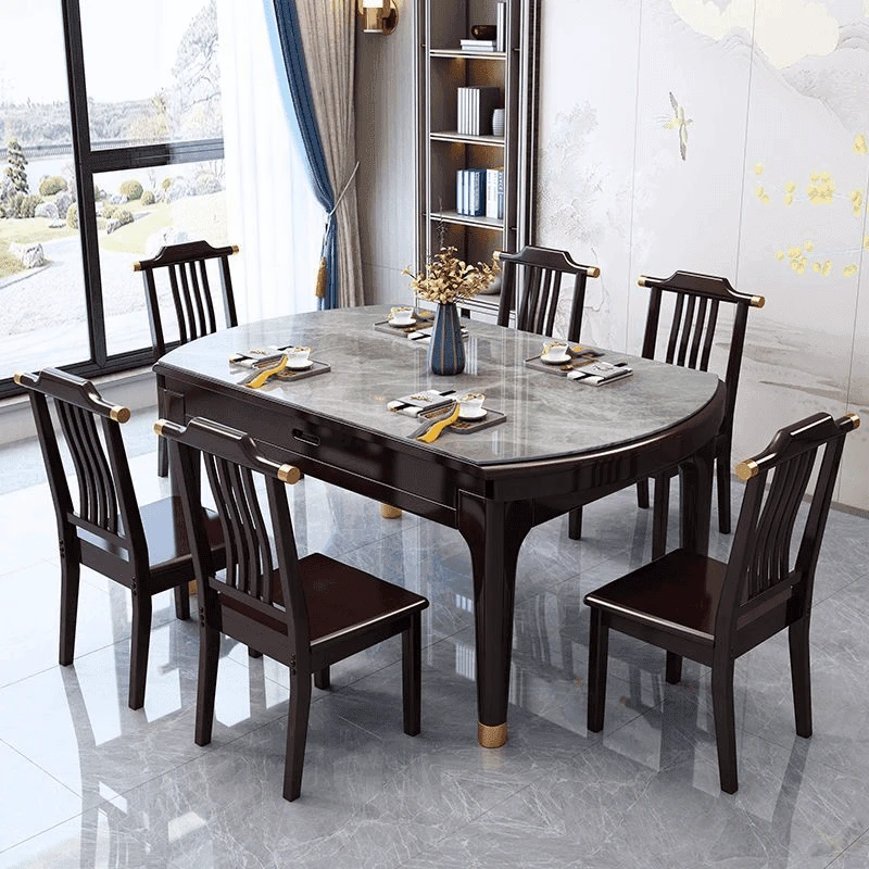 新中式轻奢岩板餐桌折叠伸缩多功能方圆两用可伸缩客厅餐桌椅组合