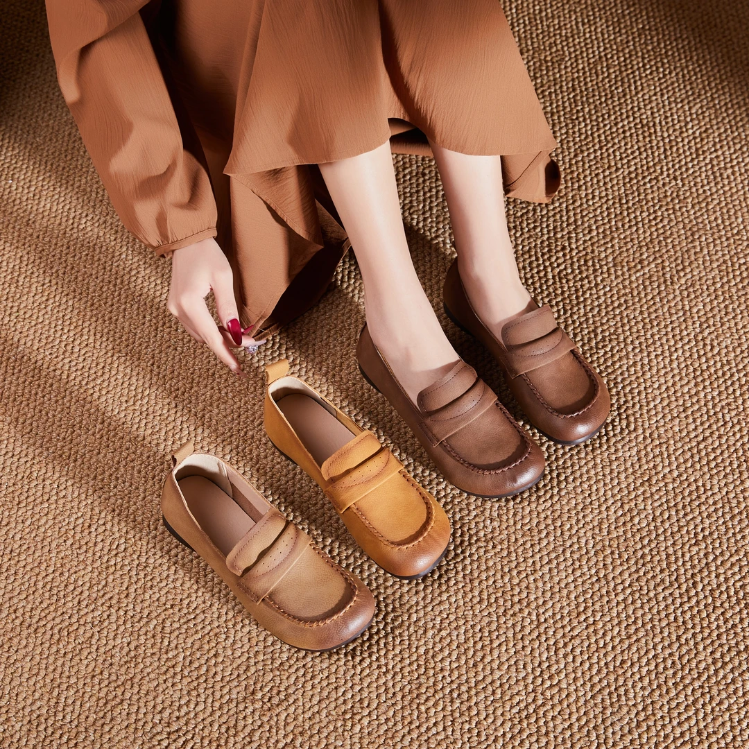 秋季新款复古头层牛皮真皮女鞋文艺百搭软底鞋平跟鞋圆头牛皮单鞋