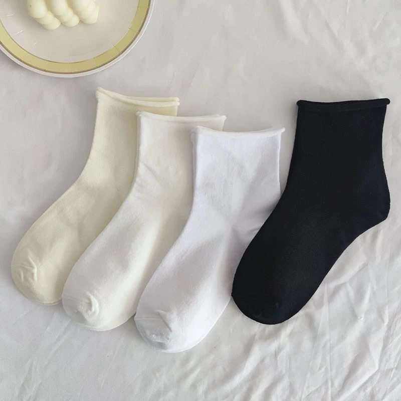 白色袜子女纯色夏天卷边jk中筒袜ins潮春夏薄款日系百搭学生短袜