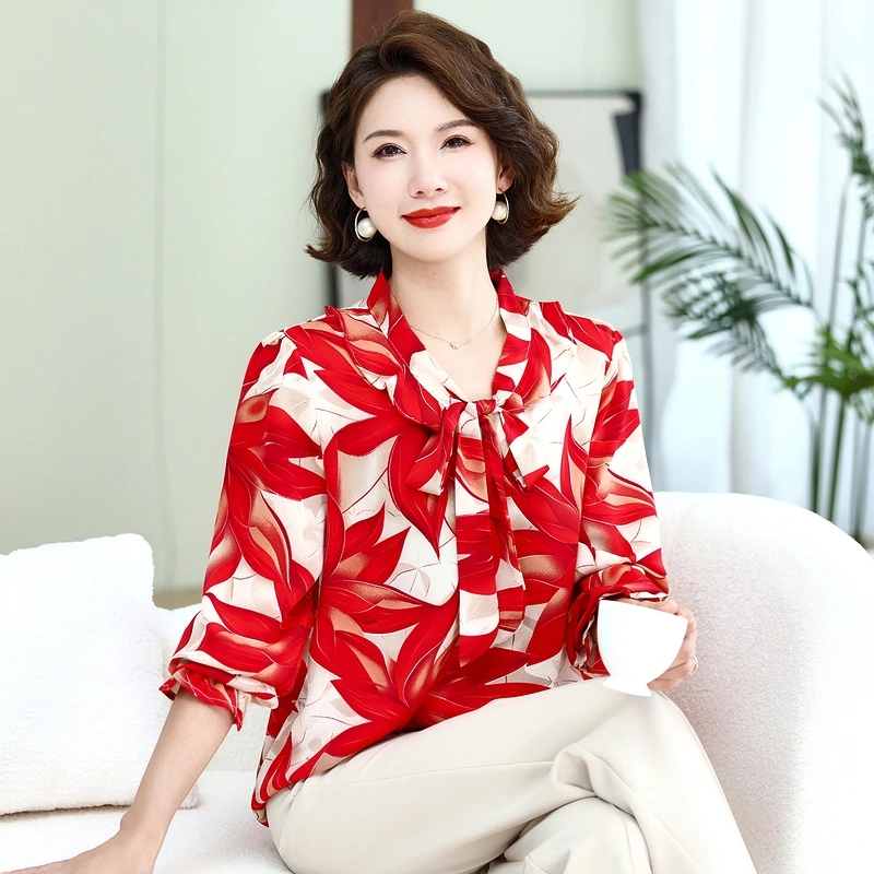 秋季新款妈妈装长袖衬衫时尚洋气印花衬衣宽松大码遮肚上衣小衫女