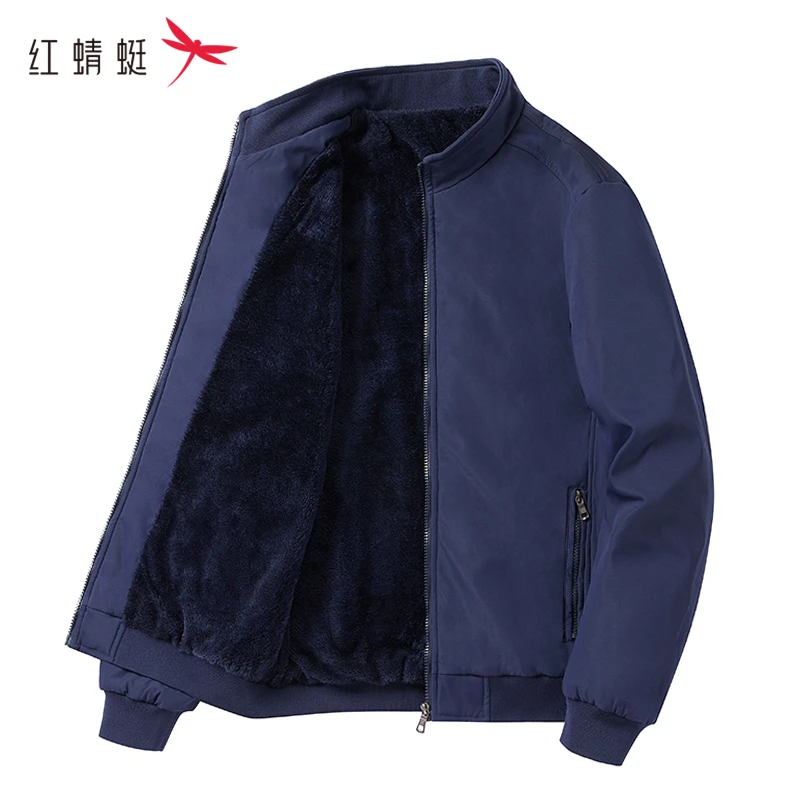 红蜻蜓加绒外套男2024新款秋冬季加绒加厚保暖中老年立领行政夹克