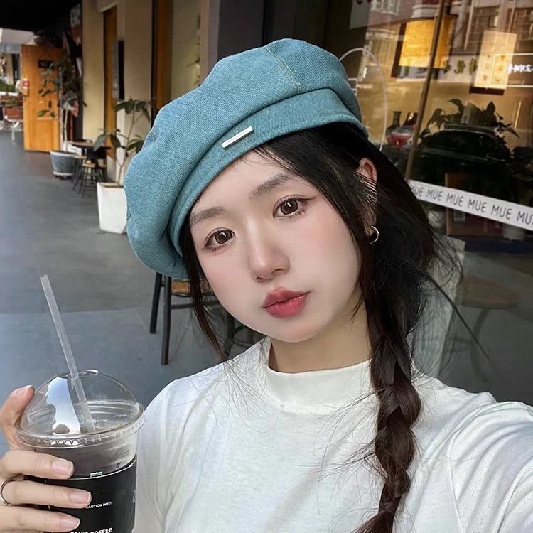 韩系金属小标牛仔贝雷帽子女春秋款复古百搭素颜显脸小蓓蕾画家帽