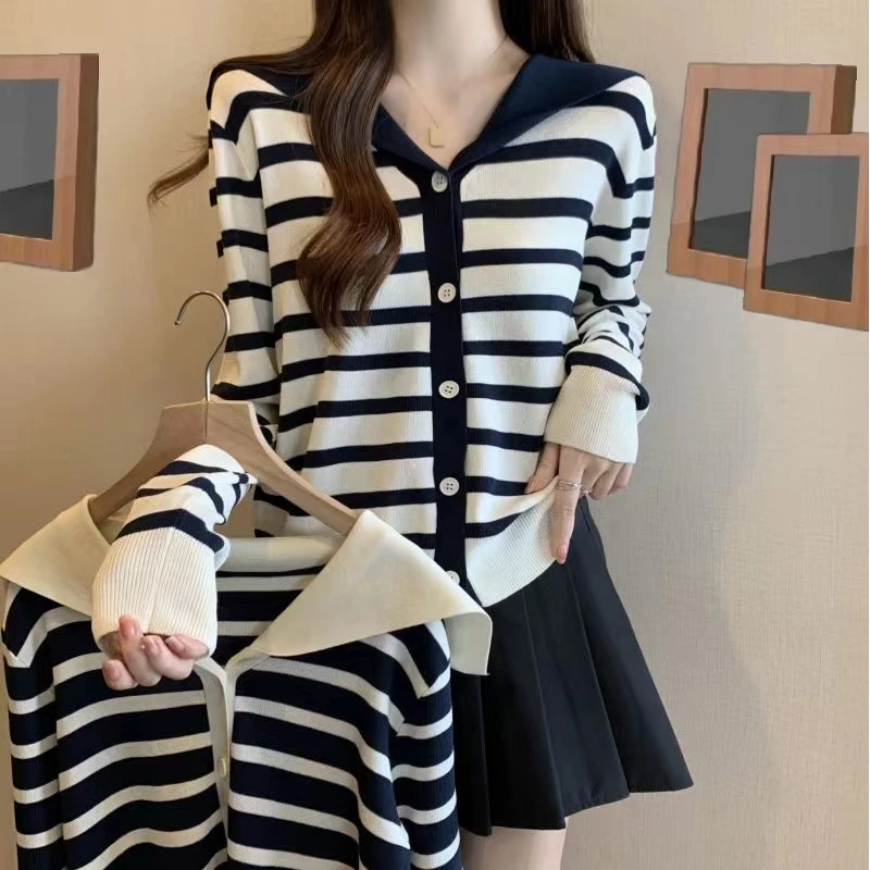 2025春秋季新款条纹海军领针织长袖上衣开衫毛衣百搭毛针织衫时尚