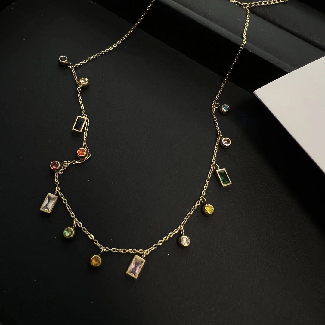 钛钢项链 彩色方形圆形项链-6383