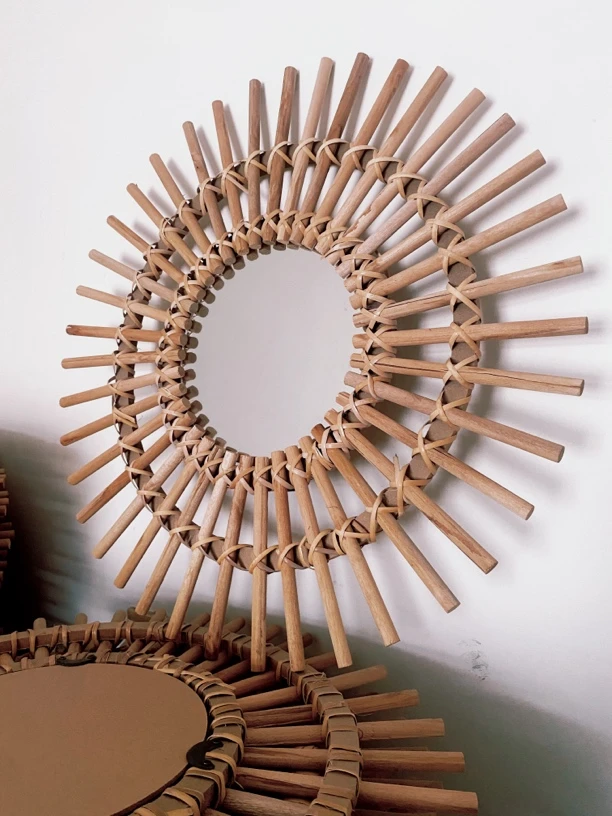 北欧ins风柳藤编织太阳镜装饰客厅背景镜子挂墙摆桌