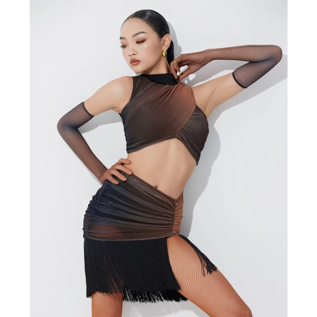 DAVID分体上衣女士拉丁舞练习服高领黑咖渐变DW167