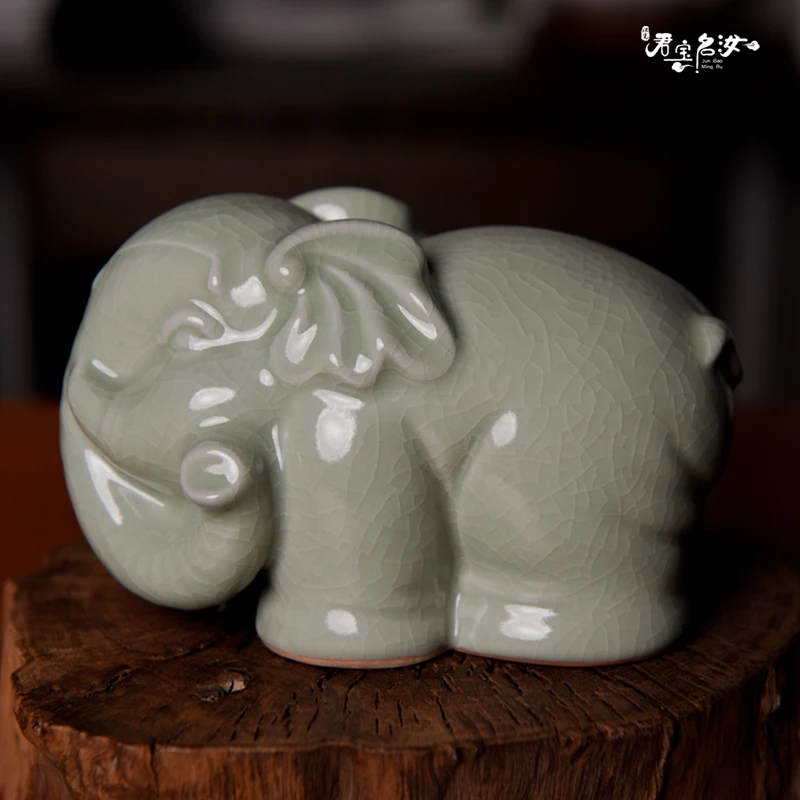 君宝名汝 汝州原产地原矿汝瓷 豆绿釉 大象家居摆件 赵运圈