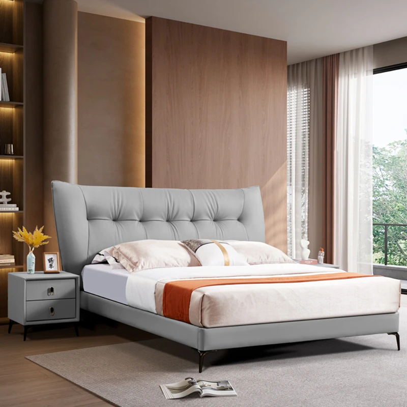 意式极简主卧室大床真皮床现代简约实木床双人床婚床床创意免洗