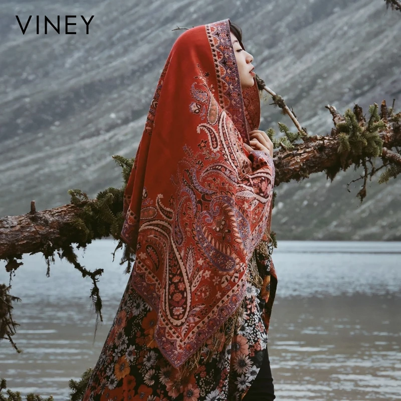 Viney披肩女云南西藏青海湖旅游防晒复古红色民族风流苏纱巾围巾