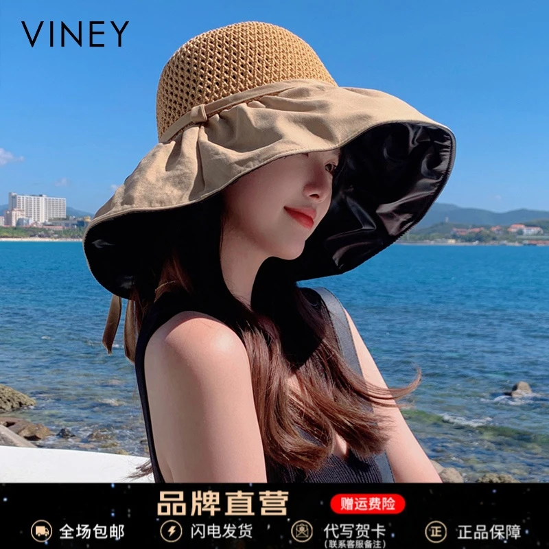 Viney防晒帽女2025新款夏太阳帽骑车遮阳防紫外线草帽黑胶渔夫帽