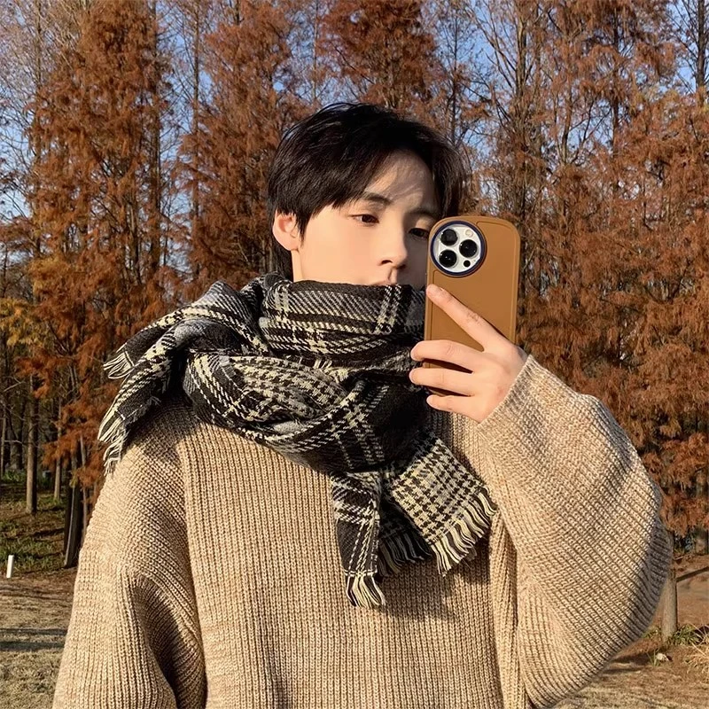 Viney围巾男生冬季款针织格子情侣保暖围脖送男朋友生日礼物披肩
