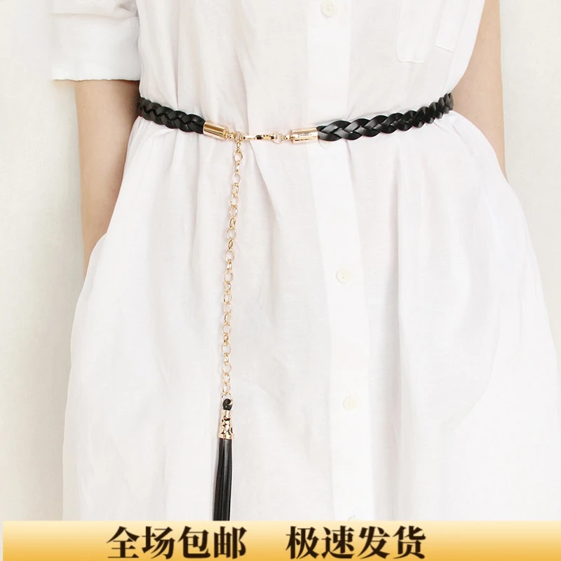 viney牛皮女士皮带休闲百搭编织金属链条腰带时尚装饰连衣裙腰链