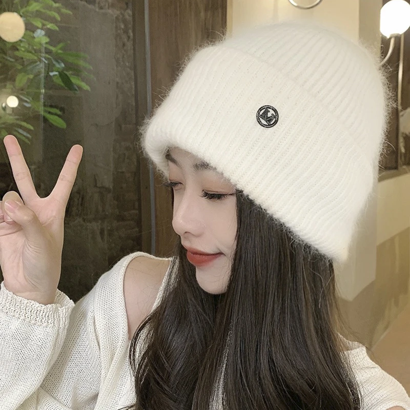 Viney帽子女秋冬季大头围护耳兔毛毛线帽加厚保暖可爱白色针织帽