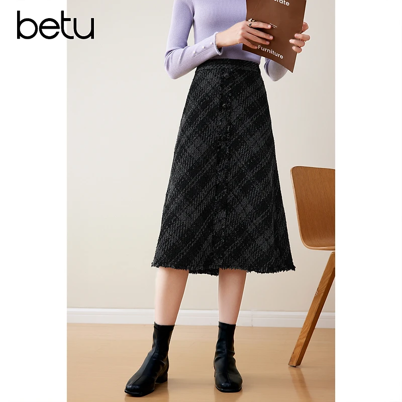 百图2023年冬季新款显瘦半身裙中长款秋冬提花高腰毛呢2310T79