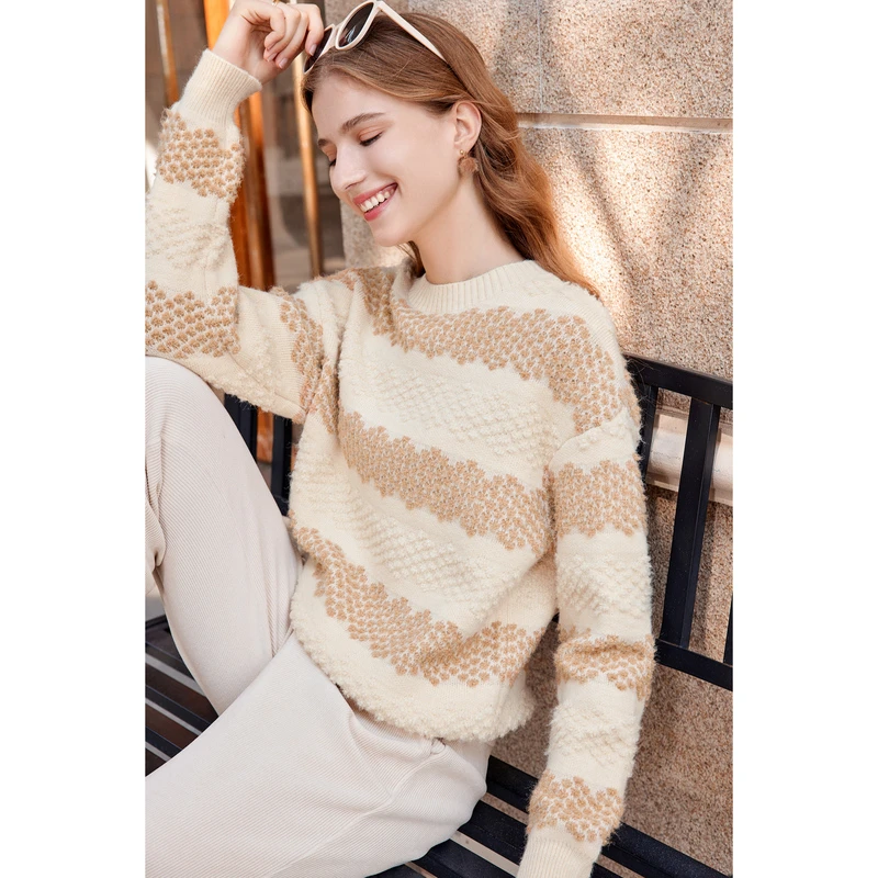 百图2023年冬季新款厚半高领毛衣高领厚毛衣撞色套头长袖2311T44