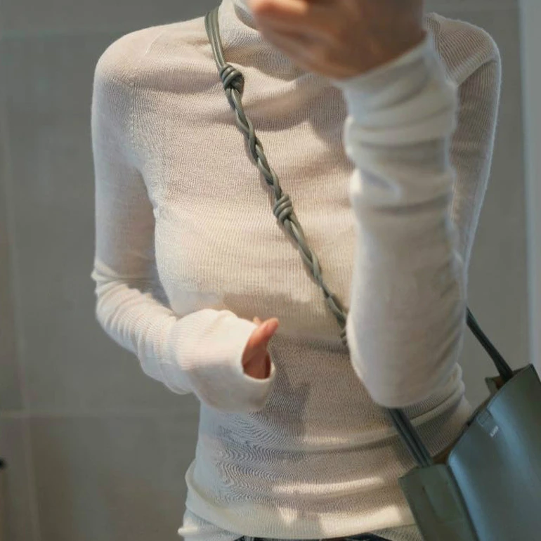 精纺微透薄款打底衫女高领秋冬内搭毛针织衫上衣套头堆堆领毛衣2