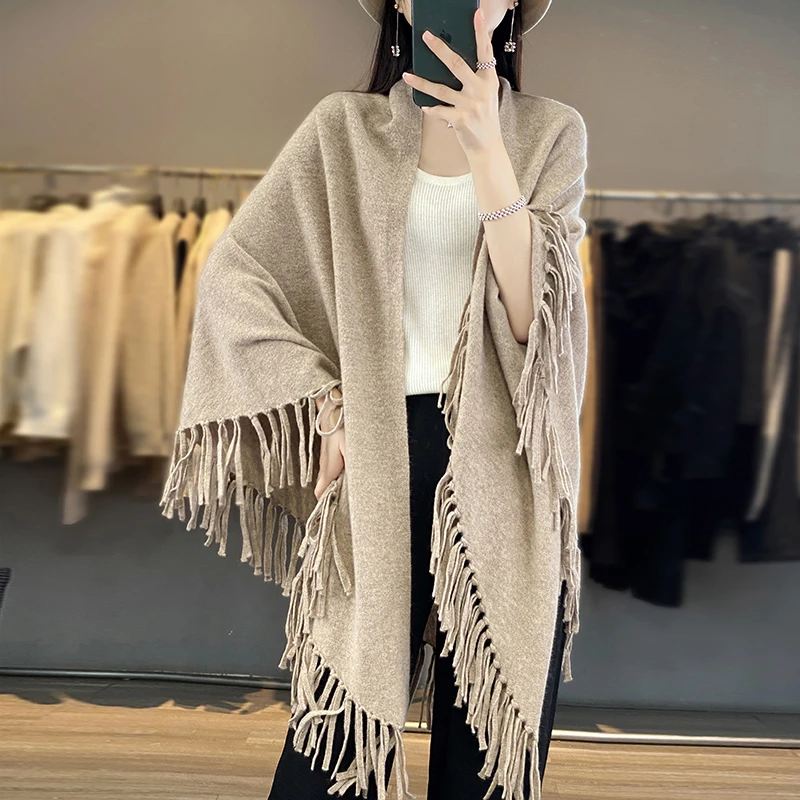 100%羊毛披肩女重工流苏边长款围巾慵懒风纯色外搭保暖披肩SZ702