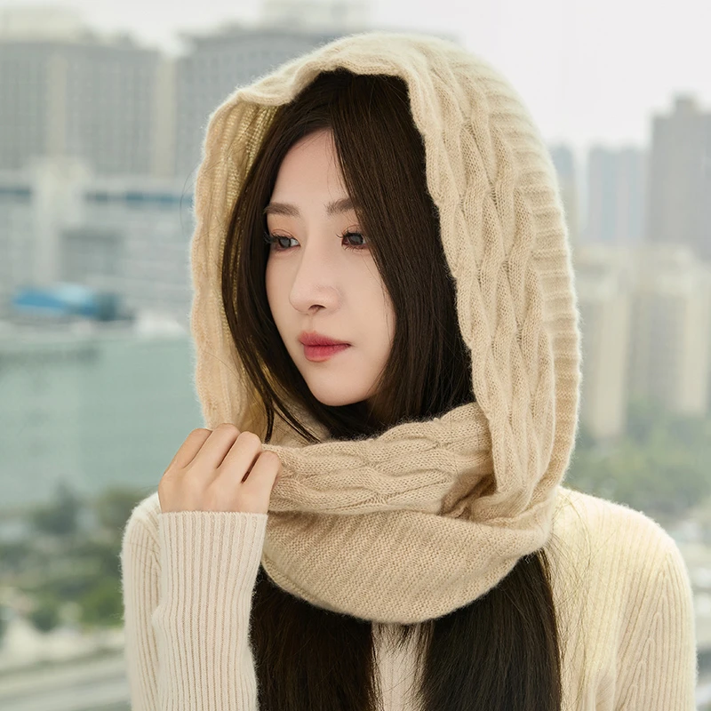 秋冬山羊绒帽子男女纯色绞花围脖一体毛线帽保暖护颈护耳帽MJ610