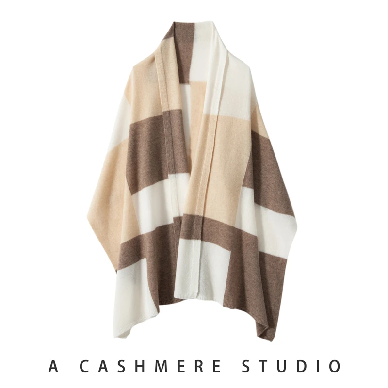 秋冬季纯山羊绒围巾女慵懒风加厚撞色保暖护颈针织披肩围脖PS260