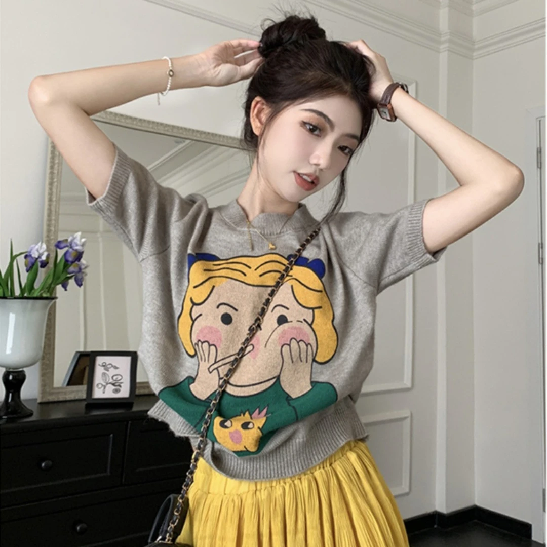 2025秋冬新款减龄套头百搭毛衣女装可爱卡通短袖小个子针织衫6528