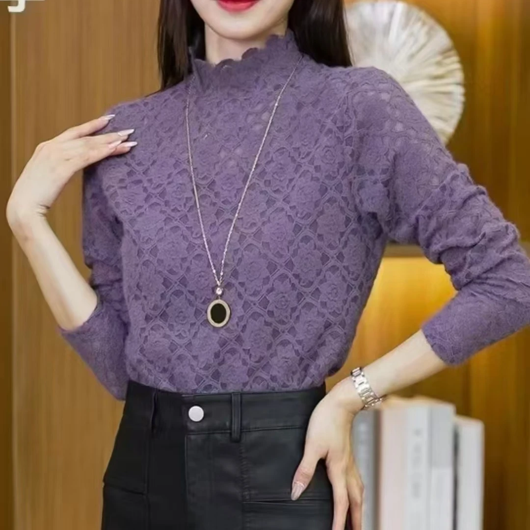 惠！小慧家纯色蕾丝加绒加厚长袖打底衫-1846