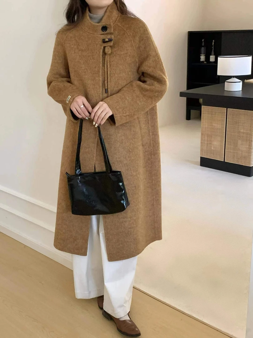 [527]秋冬新国风韩版气质高领羊毛大衣时尚宽松百搭毛呢外套