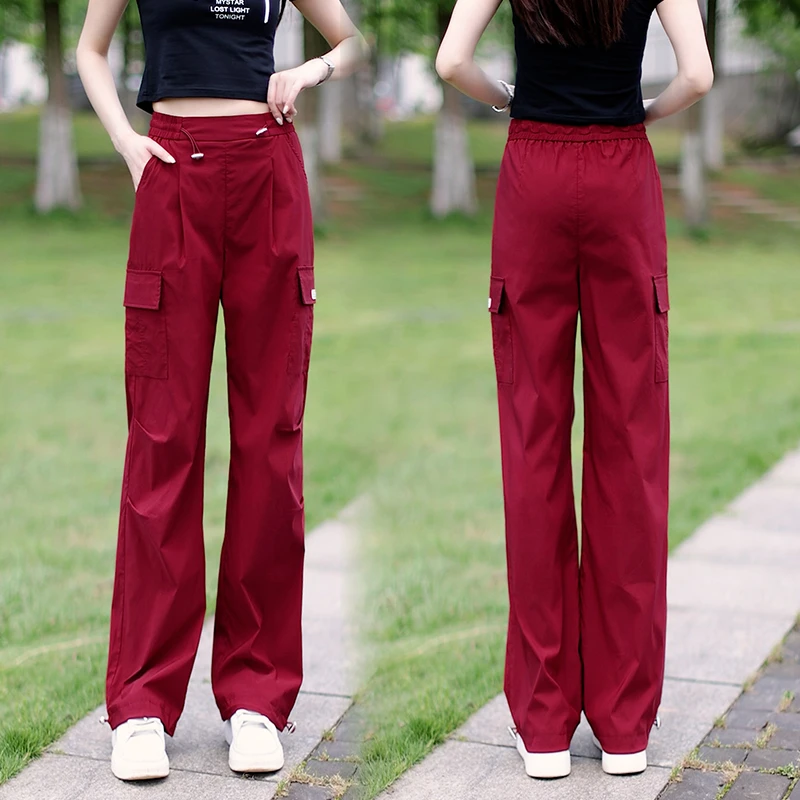 红色工装裤女夏季薄款冰丝2024新款女裤宽松休闲直筒登山运动裤子