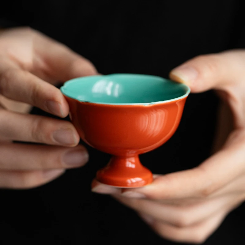 叙事故宫红陶瓷品茗杯家用中式高足茶杯单杯个人专用主人杯喝茶杯