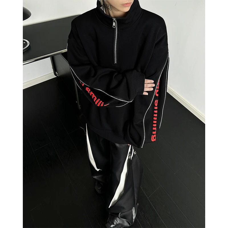 PLQV秋冬季2025港风加绒袖子两穿双拉链立领潮流酷帅卫衣休闲运动