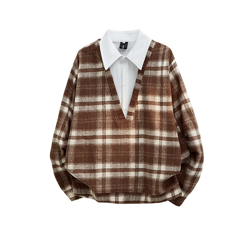 PLQV秋冬季2025港风格子假两件外套卫衣休闲运动宽松长袖情侣百搭