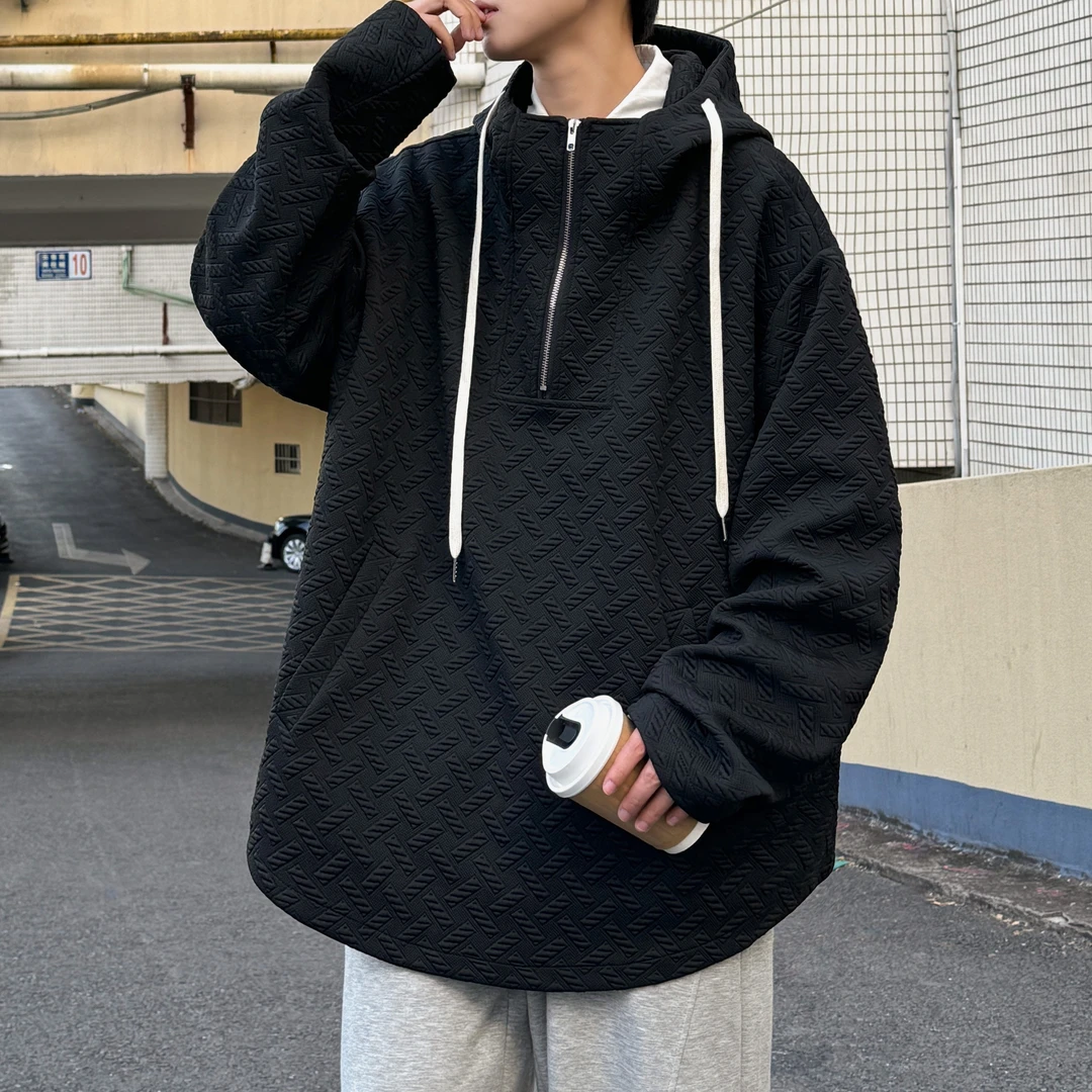 新款2025春秋季中性风连帽提花卫衣长袖宽松大码外套百搭运动情侣